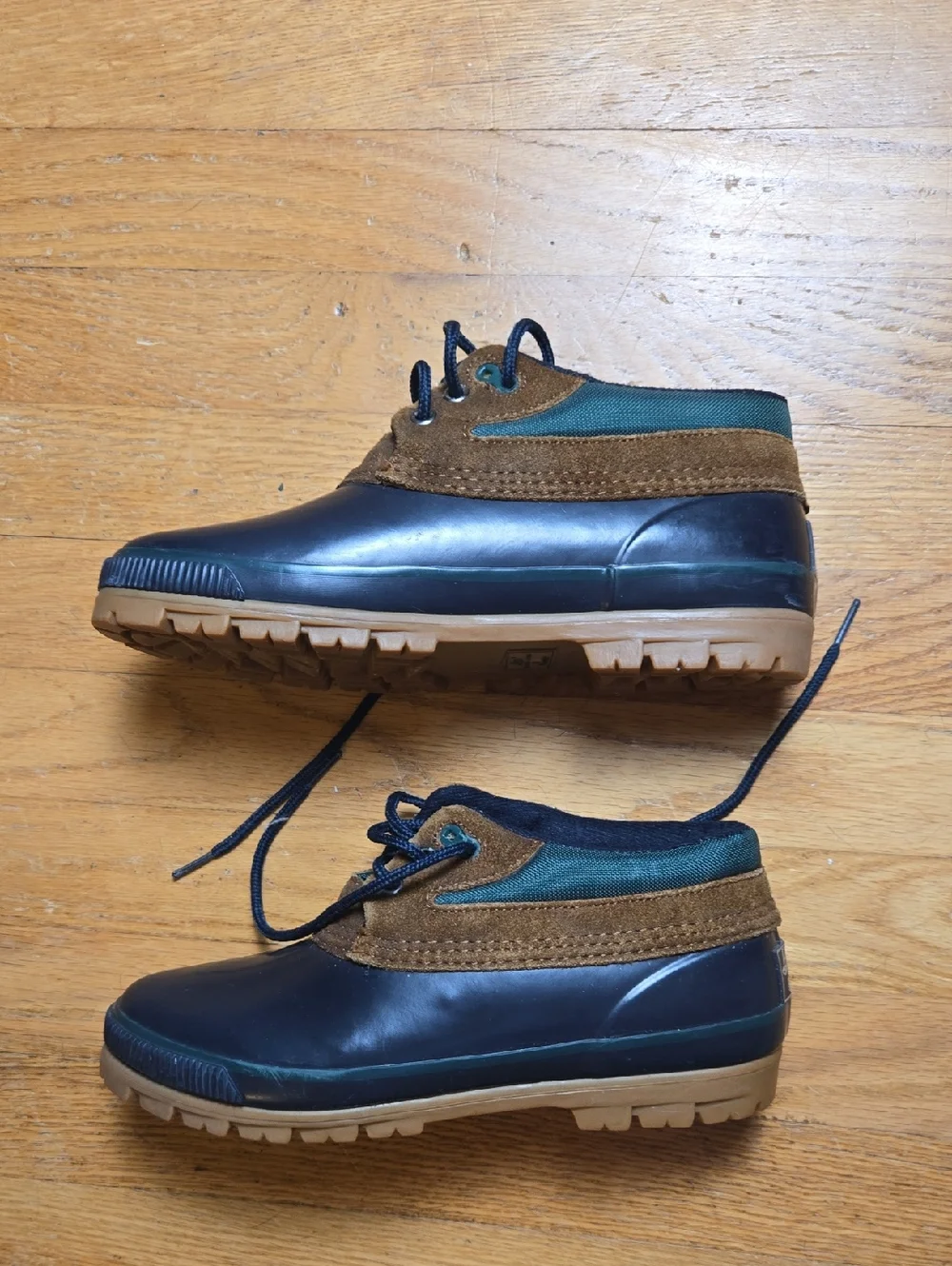 Vintage Bass Ontario navy blue/green/brown fleece insole short Duck rain boots